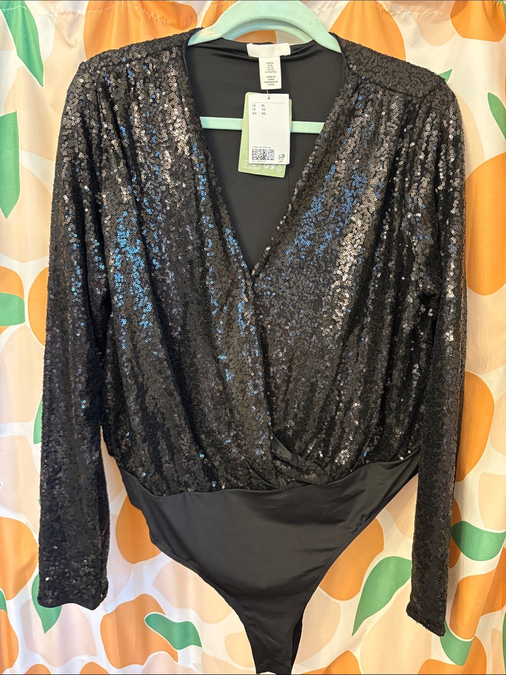 H&M Black Sequin Long-Sleeve V-Neck Bodysuit, size XL